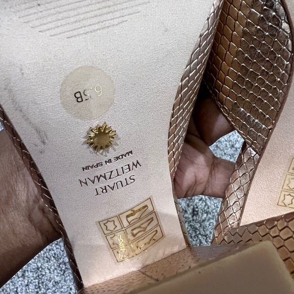STUART WEITZMAN Tia 85 lizard-effect leather sandals Rose Gold Block Heel US 6.5 - Picture 7 of 10